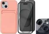 Hoesje Pasjeshouder geschikt voor iPhone 15 Plus - Privacy Screenprotector FullGuard + Camera Lens Screen Protector - Siliconen Case Back Cover Roze