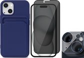 Hoesje Pasjeshouder geschikt voor iPhone 15 - Privacy Screenprotector FullGuard + Camera Lens Screen Protector - Siliconen Case Back Cover Blauw