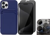 Hoesje Pasjeshouder geschikt voor iPhone 15 Pro - Privacy Screenprotector FullGuard + Camera Lens Screen Protector - Siliconen Case Back Cover Blauw
