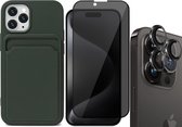 Hoesje Pasjeshouder geschikt voor iPhone 15 Pro - Privacy Screenprotector FullGuard + Camera Lens Screen Protector Zwart - Siliconen Case Back Cover Groen