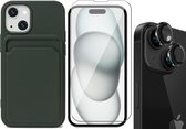 Hoesje Pasjeshouder geschikt voor iPhone 15 Plus - Screenprotector GlassGuard + Camera Lens Screen Protector Zwart - Siliconen Case Back Cover Groen