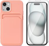 Hoesje Pasjeshouder geschikt voor iPhone 15 Plus - Screenprotector GlassGuard - Siliconen Case Back Cover Roze & Screen Protector