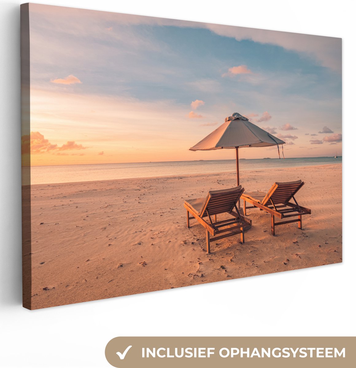 Canvas schilderij 150x100 cm - Wanddecoratie Strand - Ligbed - Parasol - Muurdecoratie woo