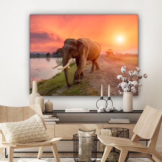 Peinture sur toile Éléphant - Water - Animaux - Coucher de soleil - Nature - 120x90 cm - Décoration murale