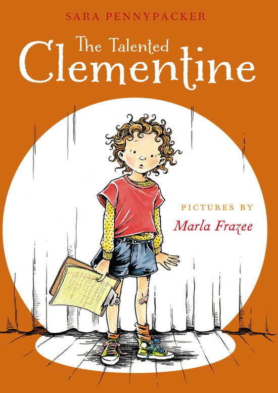 Boek "The Talented Clementine" met illustratie van een jong meisje in rode top, gele trui en korte broek, met boek in hand.