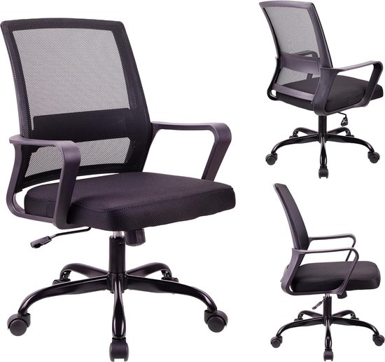 Verstelbare bureaustoel ergonomische mesh draaistoel bureaustoel lendensteun in hoogte verstelbaar 360° draaibare schommelfunctie mesh rugleuning, geschikt voor thuiskantoor (zwart)