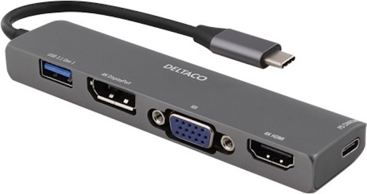DELTACO USBC-1291, USB-C Docking Station, USB-C PD 100W, DP / HDMI UltraHD 30Hz, USB-A 3.1 Gen 1, grijs