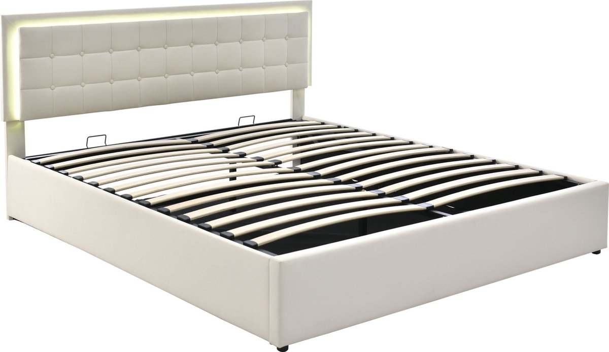 Gestoffeerd bed met lattenbodem en opbergruimte, tweepersoonsbed inclusief LED-verlichtingsstrip, bedframe 180x200cm, opbergruimte bed, functionele bedovertrek van wit kunstleer