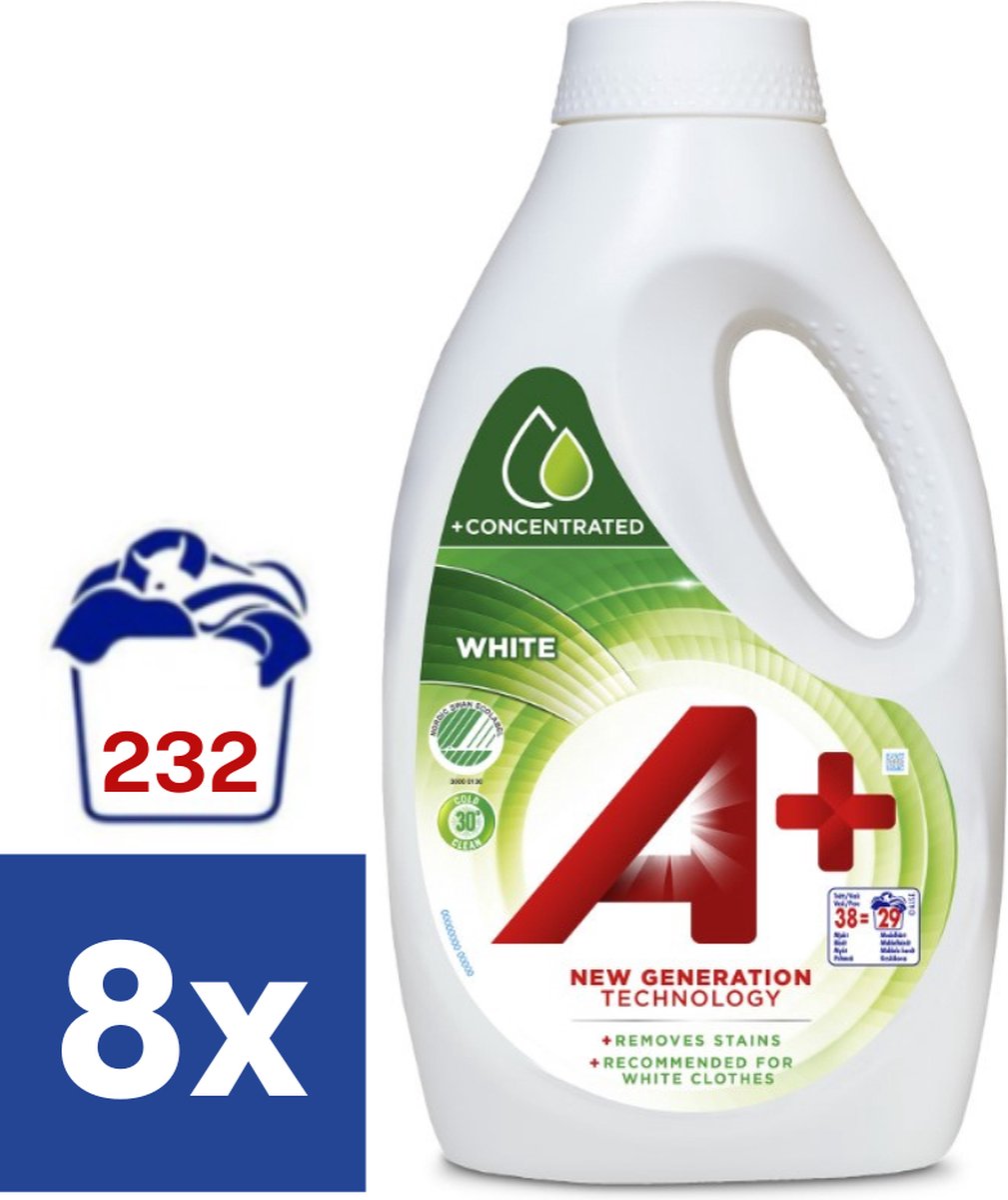 A+ Vloeibaar Wasmiddel White (Voordellverpakking) - 8 x 1.52 l (232 wasbeurten)