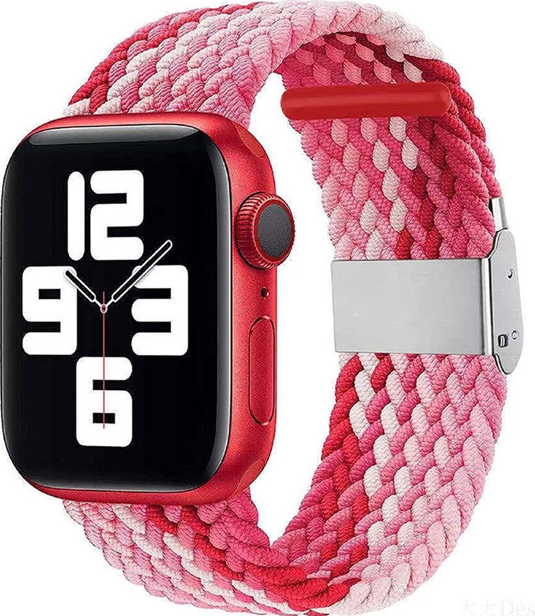Mobigear Braided Gradient Nylon Watch bandje geschikt voor Apple Watch Bandje Klemsluiting - 49/45/44/42 mm - Red Powder