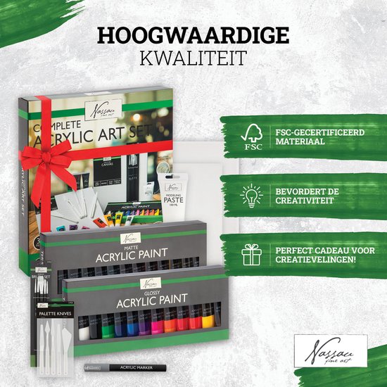 Twaalf tubes acrylverf in regenboogkleuren, met groene tekstvlakken 'Super voordeelpakket', 'Breng je creativiteit tot uiting', 'Perfecte cadeautip'.