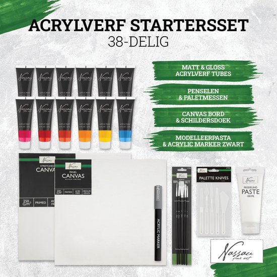 Acrylverf startersset van 38 delig. Met tubes verf, penselen, paletmessen, canvas bord, modelleerpasta en zwarte marker.