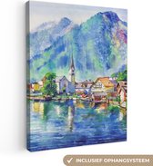 Canvas - Schilderij - Dorp - Bergen - Meer - Olieverf - 60x80 cm - Schilderijen op canvas