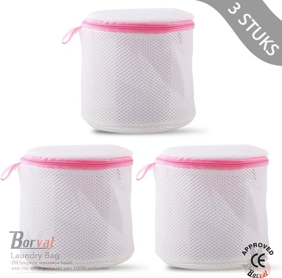 Borvat® - Waszakje Lingerie - BH Waszakje - Laundry Bag - Lingerie Waszakje met Rits - Wit met Zalmroze Rits - 16,5 x 14 cm - 3 stuk