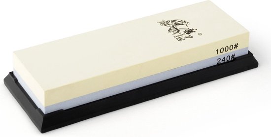 Witte en grijze wetsteen met 1000 en 240 grit, op een zwarte basis.