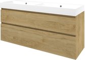 Proline Polystone Loft badmeubelset met wastafelonderkast asymmetrisch met 2 laden en mat witte wastafel zonder kraangaten 140 x 46 x 62 cm, ideal oak