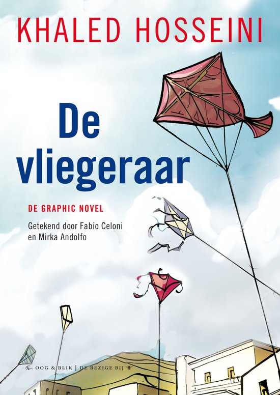 Boekomslag van 'De vliegeraar' met de auteur Khaled Hosseini en tekeningen van vliegers.