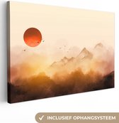 Toile - Peinture - Huile - Soleil - Montagnes - Vogels - Brouillard - 90x60 cm - Décoration murale - Intérieur