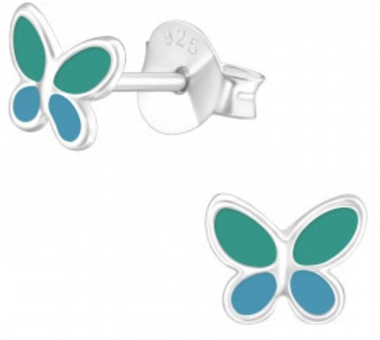 Joy|S - Zilveren vlinder oorbellen - 6 x 5 mm - groen blauw