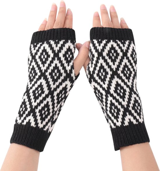 Warme Polswarmers - Vingerloze Gebreide Handschoenen Dames - Zwart Wit Ruit Patroon - Acryl