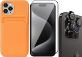 Hoesje Pasjeshouder geschikt voor iPhone 15 Pro - Screenprotector FullGuard + Camera Lens Screen Protector Zwart - Siliconen Case Back Cover Oranje