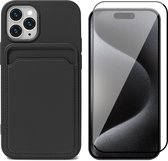 Hoesje Pasjeshouder geschikt voor iPhone 15 Pro - Screenprotector FullGuard - Siliconen Case Back Cover Zwart & Screen Protector
