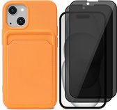 Hoesje Pasjeshouder geschikt voor iPhone 15 Plus - 2x Privacy Screenprotector FullGuard - Siliconen Case Back Cover Oranje & Screen Protector