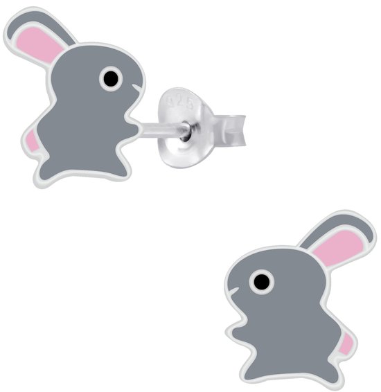 Joy|S - Zilveren konijn oorbellen - 7 mm - grijs