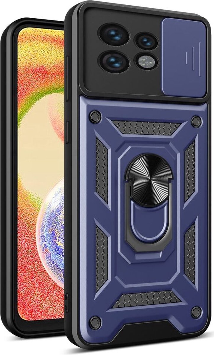 Geschikt voor Motorola Edge 40 Pro Hoesje met Camera Slider en Kickstand Ring Blauw