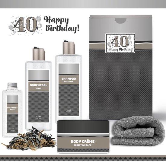 Geschenkset “40 Jaar Happy Birthday!” - 5 producten - 920 gram | Giftset voor hem - Luxe wellness cadeaubox - Cadeau man - Gefeliciteerd - Set Verjaardag - Geschenk jarige - Cadeaupakket vader - Vriend - Broer - Verjaardagscadeau - Zilver