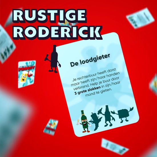 Spelkaart met de titel 'De loodgieter'. Een flesje met een glas en een peper drinken.