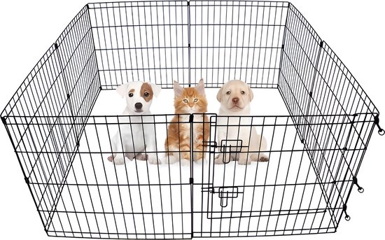 Parc pour chiots en métal noir en configuration carrée avec un chiot et un chaton à l'intérieur.