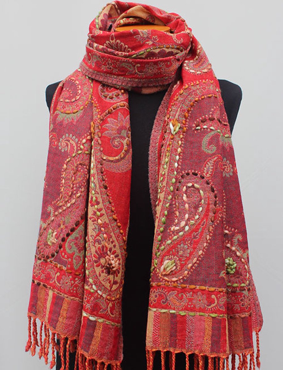 Wollen geborduurde sjaal en omslagdoek Warm-Rood