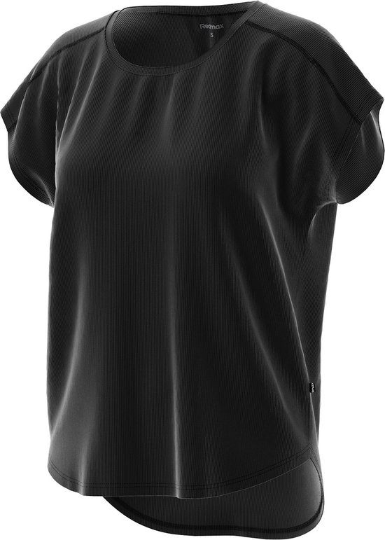 Zwarte sporttop met korte, uitlopende mouwen en een geribbelde textuur. De top heeft een ronde hals en een afgeronde zoom.