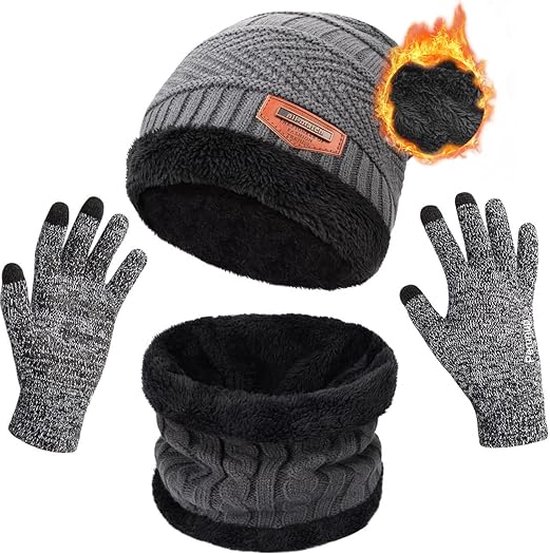 Winter Warm Gebreide Slouch Beanie Muts Skiën Nekwarmer Sjaal Handschoenen Reeks met Dubbellaags Fleece Voering voor Mannen Dames, Grijs 3 stuk.