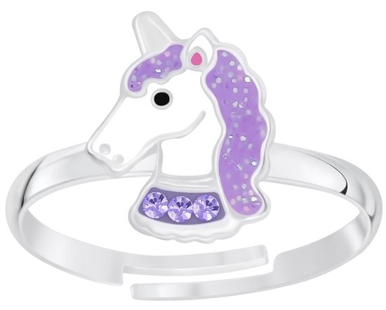 Joy|S - Zilveren eenhoorn ring - paars glitter - unicorn - verstelbaar - voor kinderen