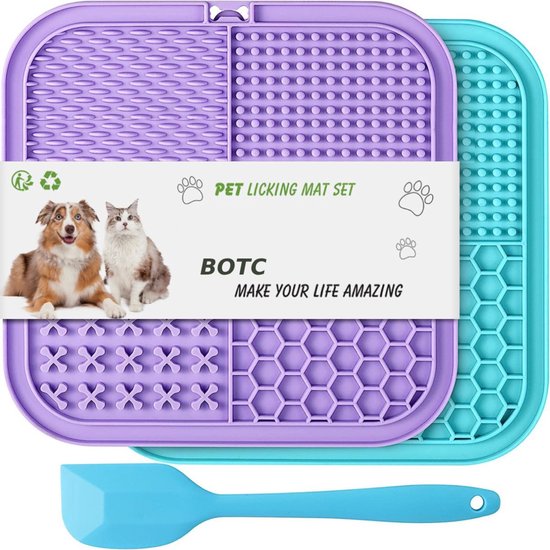 BOTC Lickimat - tapis d'alimentation - alimentation lente - 2 pièces Lickmat + spatules en silicone - Blauw / Jaune