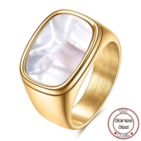 Zegelring Heren Marmer Wit | Goud kleurig | 19mm | Ringen Mannen | Ring Heren | Vaderdag Cadeau | Heren Cadeautjes | Vaderdag | Vaderdag Cadeau