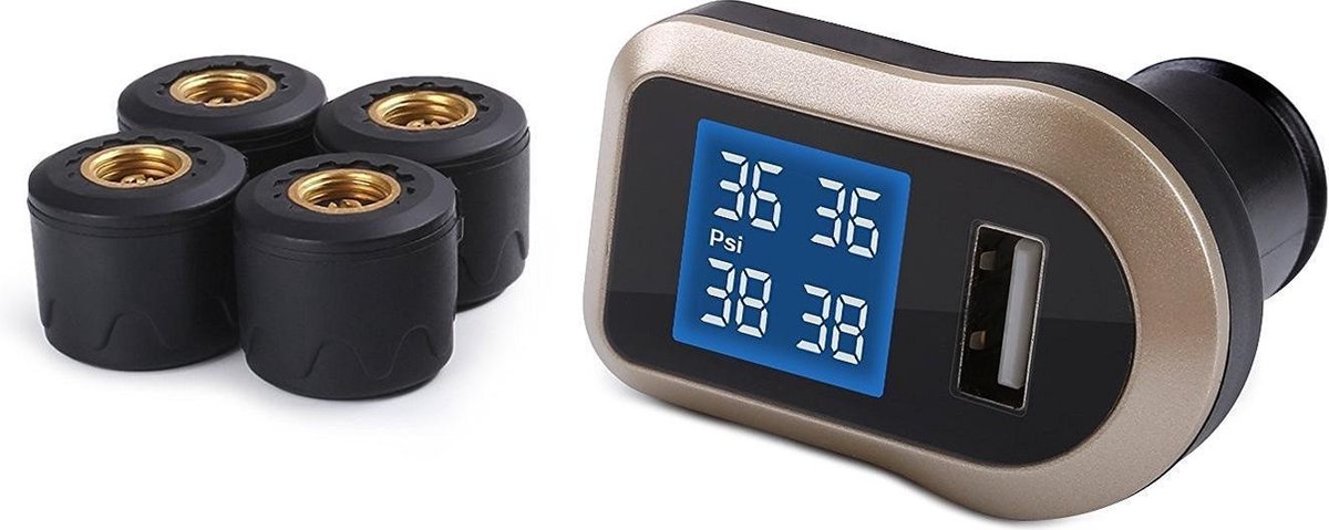 Aukey TP / CO / 001, bandenspanningscontrolesysteem voertuig, TPMS met display, zwart