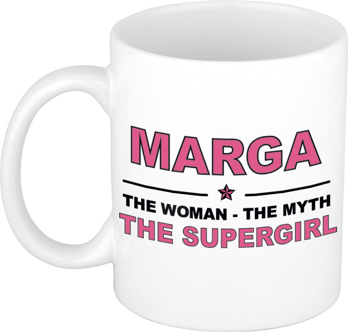 Naam cadeau Marga - The woman, The myth the supergirl koffie mok / beker 300 ml - naam/namen mokken - Cadeau voor o.a verjaardag/ moederdag/ pensioen/ geslaagd/ bedankt