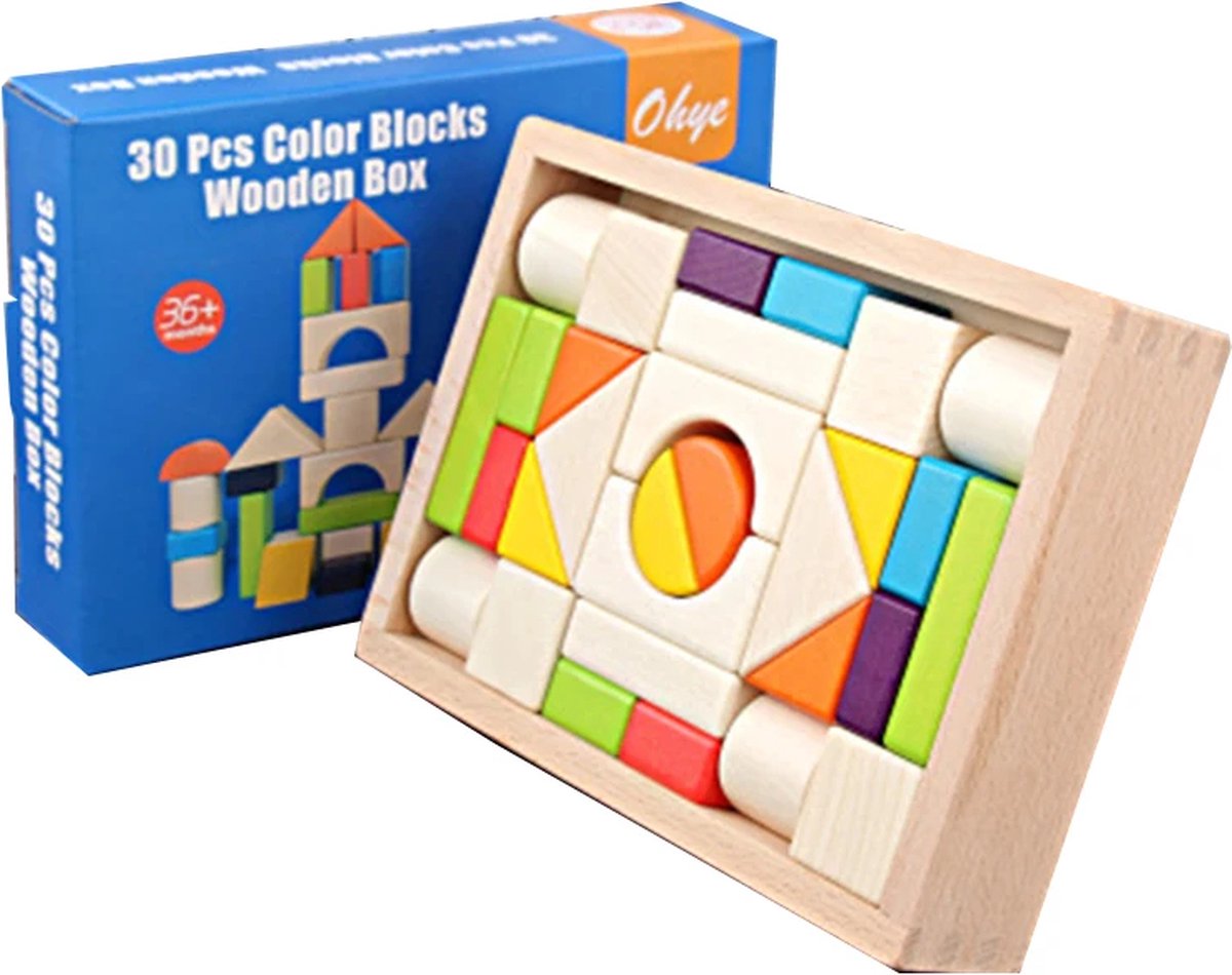 BPgoods® - Bouw puzzelset voor kinderen - 30 stuks - Premium - Montessori - Houten blokken - Houten Speelgoed - Educatief Speelgoed - SmartColor blocks wooden box 30 stuks