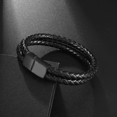 TVR-Wares® | Leren dubbel armband gevlochten | Zwart | Schuifsluiting | Maat L | 21cm