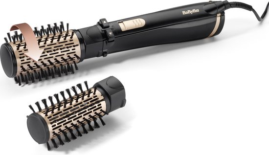 Zwarte BaByliss roterende föhnborstel met goudkleurige accenten, met pijl die rotatie aangeeft. Een losse borstel ernaast.