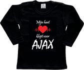 Amsterdam Kinder t-shirt Lange Mouw | "Mijn hart klopt voor AJAX | Verjaardagkado | verjaardag kado | grappig | jarig | Amsterdam | AJAX | cadeau | Cadeau | Zwart/wit/rood/wit | Maat 86