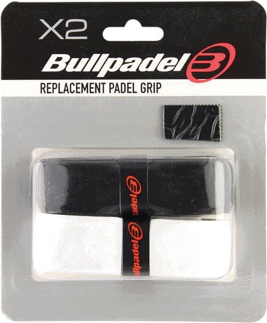 Bullpadel X2 vervangingsgrip voor padelrackets in het zwart en wit met "Bullpadel" logo.