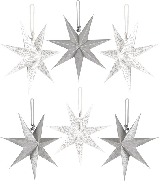 BRUBAKER 6 Papieren Kerststerren - Advent Sterren Decoratieset - Grote Boom Decoratie Papieren Sterren - Kerstboom Decoratie - Kerstboom en Raamdecoratie - 20 cm Vouwbare Sterren - Zilver Wit