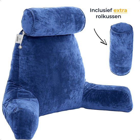 AYOO® Leeskussen - Bookseat - Leeskussen voor in Bed - Leeskussen voor Boeken - Meditatiekussen - Rugsteun - Twee Kussenrollen - Traagschuim - Fluweel - Marineblauw - Stevige Ondersteuning