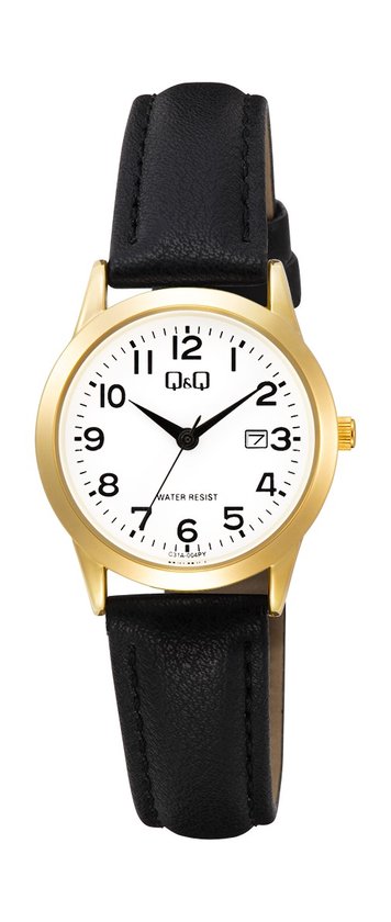 Q&Q C31A-004PY - Horloge - Analoog - Dames - Vrouwen - Leren band - Rond - Metaal - Cijfers - Datumaanduiding - Zwart - Goudkleurig - Wit - 3 ATM