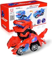 Veranderende Dinosaur LED Car Rood, speelgoed met licht en geluidsfunctie, dinosaurus auto speelgoed, meisjes en jongens