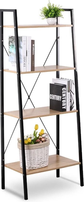 BukkitBow - Moderne Boekenkast met Metalen Frame en Hout - 4 Planken - Geschikt voor Decoratie in de Woonkamer - 60X35X148CM - Zwart met Licht Eikenhout